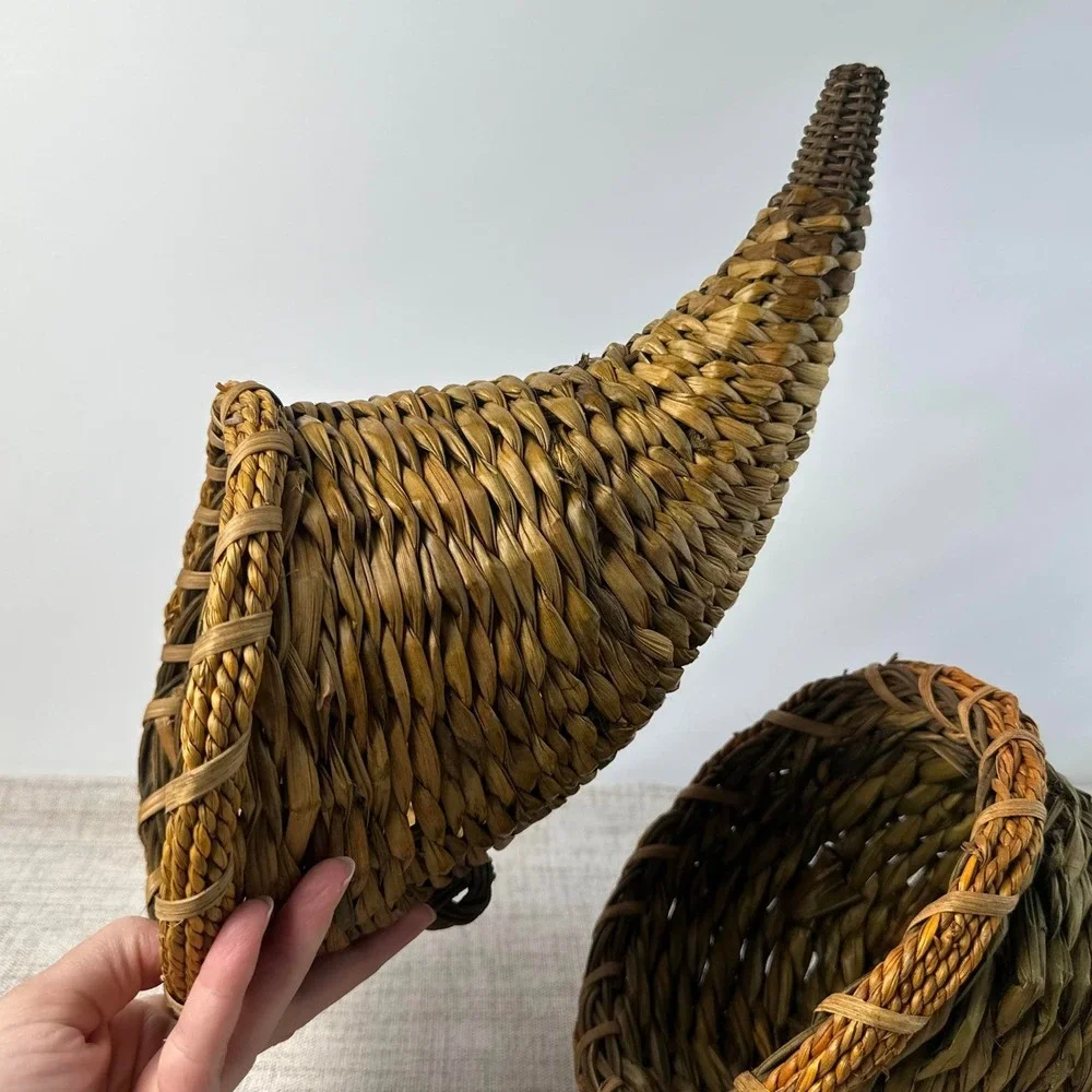 Vintage Woven Cornucopia Basket Pair Horn of Plenty Fall Thanksgiving Decor